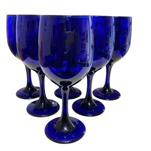 Vintage Set of 6 Stemmed Cobalt Blue Wine Glasses 7"